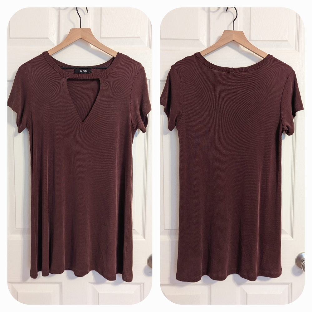 MOD On Trend Choker Short Sleeve Mini Dress Wine Plum Medium